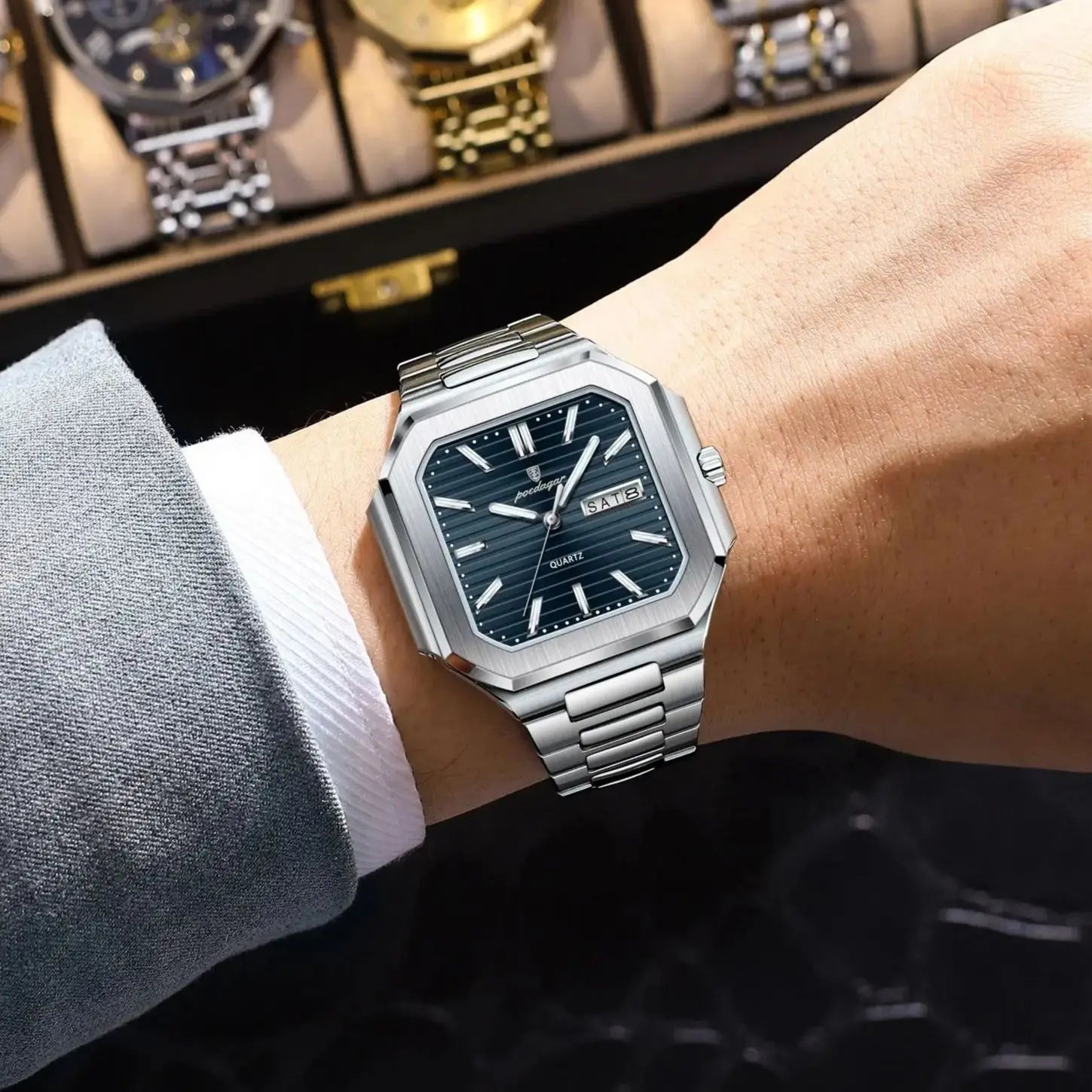 Reloj de pulsera POEDAGAR cuadrado de lujo a la moda para hombre, resistente al agua, luminoso, con fecha y semana, relojes de cuarzo para hombre, Reloj de acero inoxidable para hombre