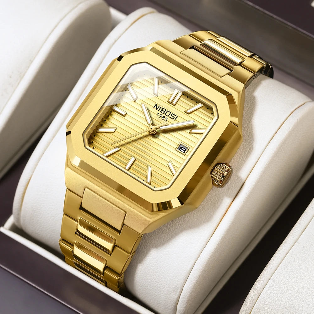 Marca NIBOSI, Reloj cuadrado a la moda, relojes de cuarzo de lujo de acero inoxidable para Hombre, Reloj luminoso resistente al agua para Hombre de negocios, Reloj para Hombre